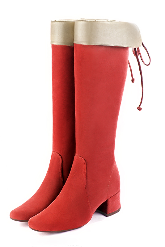 Scarlet red and gold women's knee-high boots, with laces at the back. Round toe. Low flare heels. Made to measure. Front view - Florence KOOIJMAN
